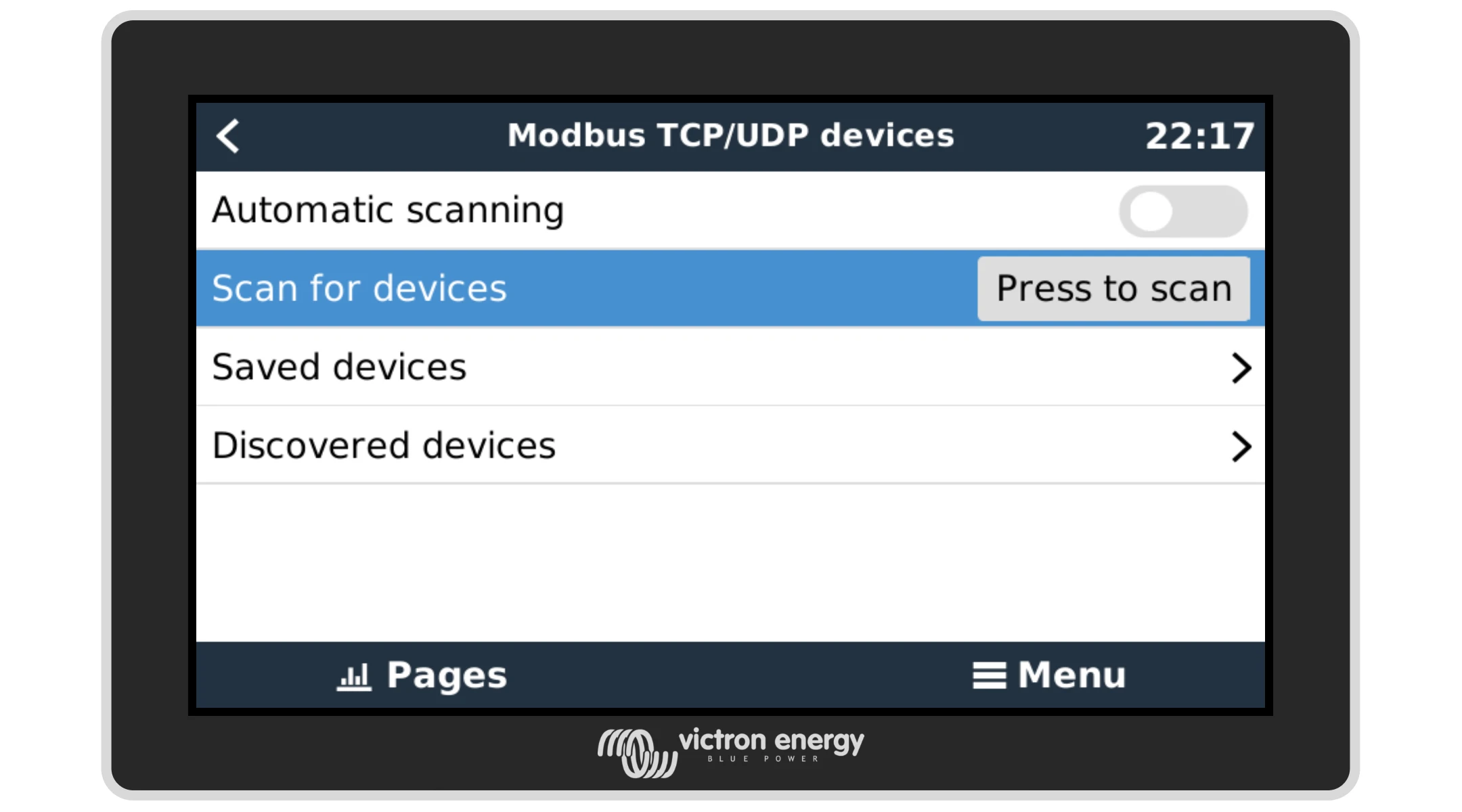 Търсене на Modbus TCP/UDP устрой­ства в система Victron