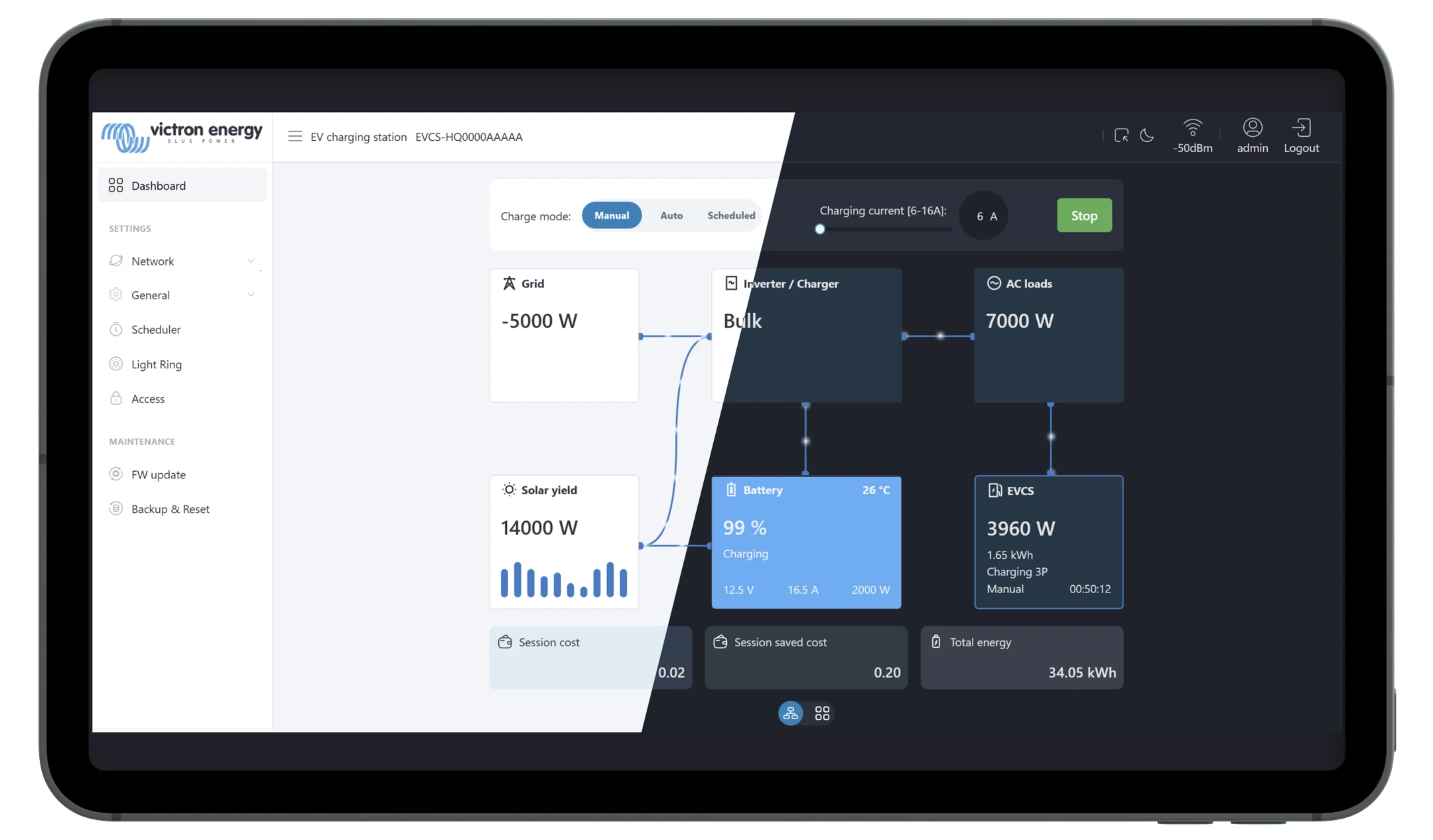 Cветла и тъмна тема на уеб интер­фейса за заряд­ната стан­ция на Victron